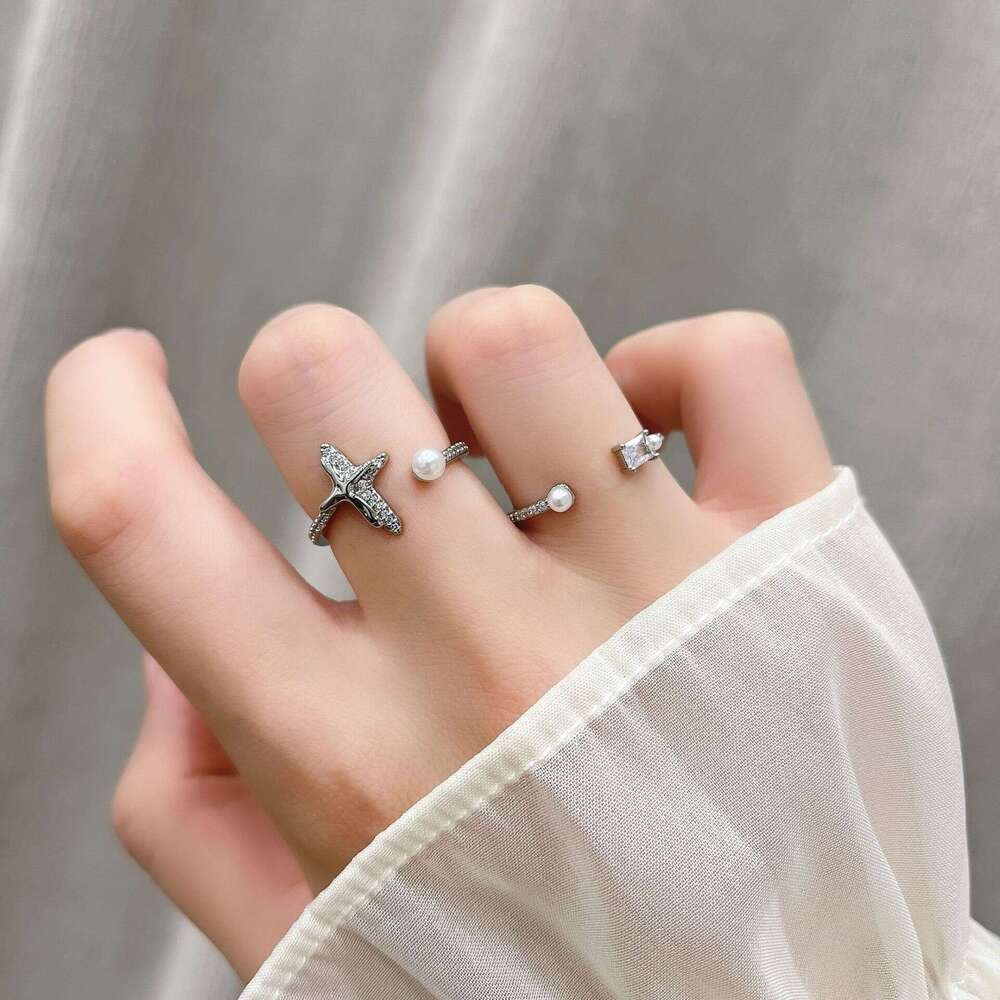 Ins Style New Simple Cross Zircon Pearl Open Index Finger Light Luxury Versatile Women's Star Ring 19e
