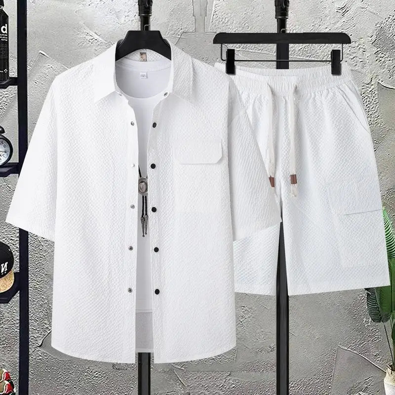 Ice Silk Suit Mens Summer Shortsleeved Shirt and Shorts Loose Trendy Casual Twopiece Set 250724