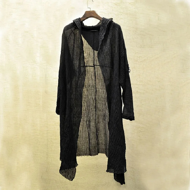 Fashion Coat Black robe Translucent Linen cloak Thin Trench Men Gothic long coat mysterious Dustcoat Cardigan Spring 250729