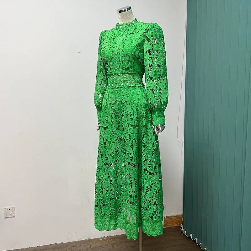 Lace Hollow Out Long Dresses Women 2025 Spring Holiday Full Sleeve Embroidery Elegant Party Vestidos Wedding Robe White ddmysept