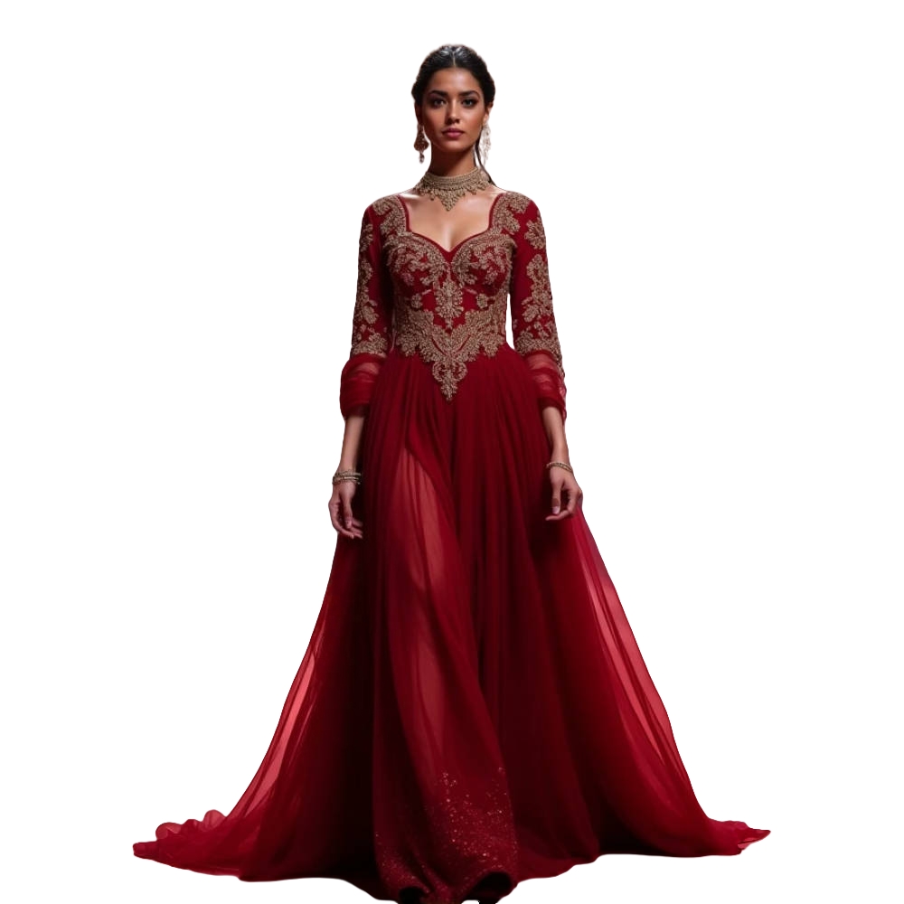 Elegant Burgundy Evening Dresses Lace Appliques Long Sleeves Formal Occasion Gown Tulle A-Line Prom Reception Dress
