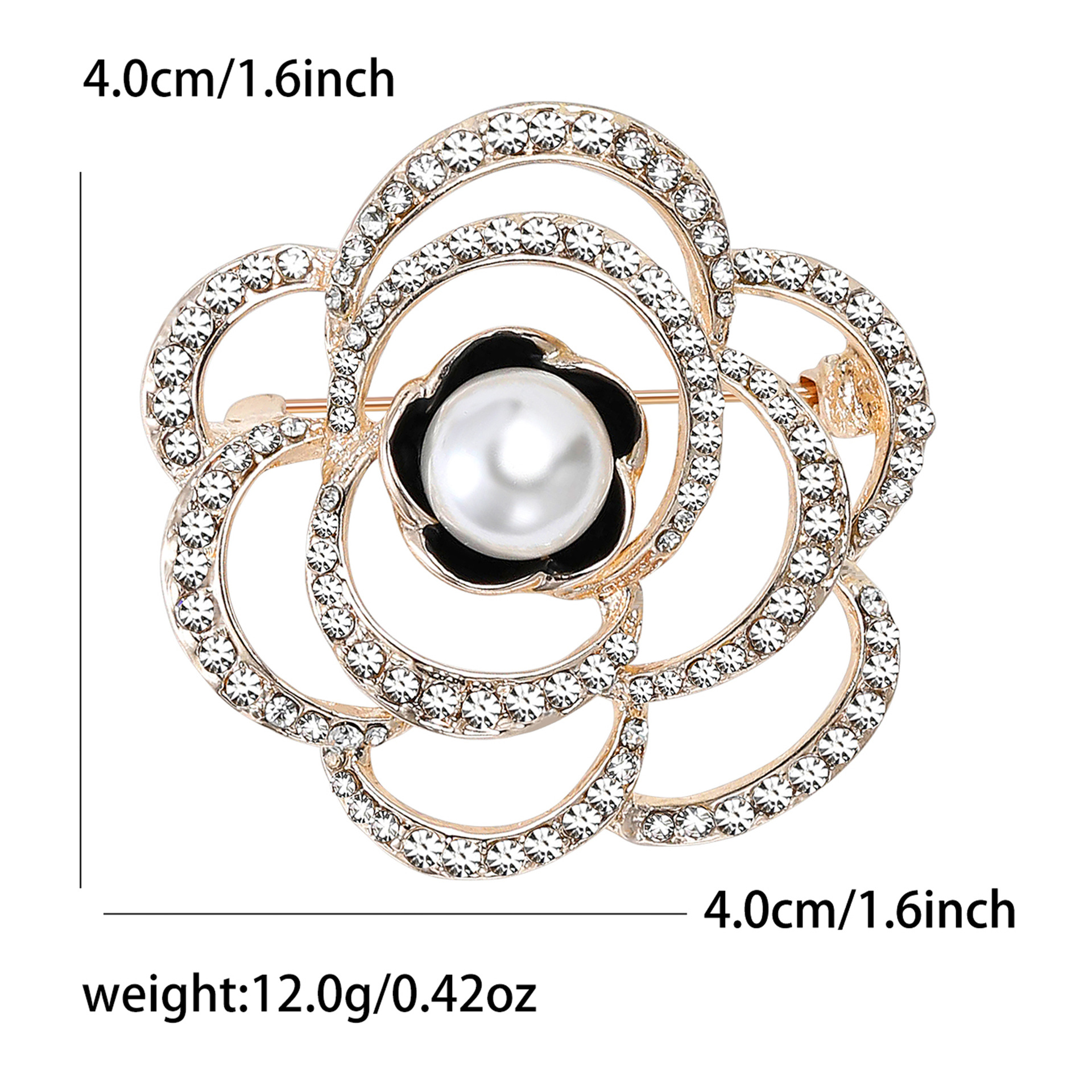 Silver Tone Rhinestone - Encrusted Camellia Flower Brooch With Pearl Center And Black Enamel Accents Elegant Party Jewelry Gift For Her High Quality J