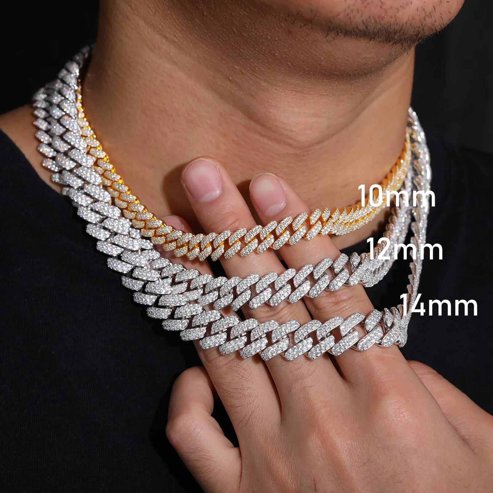 Denser and Thicker 10mm 12mm 14mm 925 Sterling Silver VVS Moissanite Diamond Iced Out Cuban Link Chain Necklace Hip Hop Jewelry