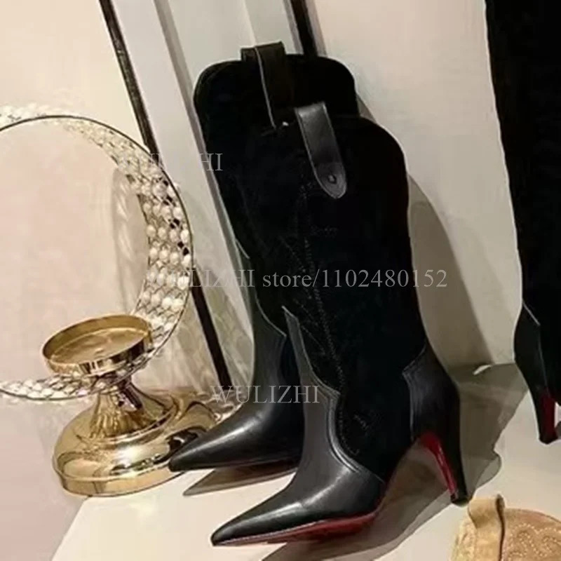 Denim Blue Totem Calf Boots Women Pointed Stilettos Red Heels Winter Zipper Casual Weave Office Lady n Graffiti Shoe 250729