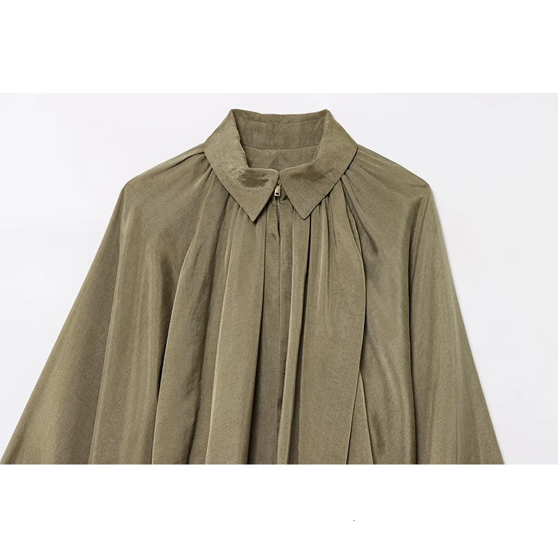 YENKYE Elegant Pleated Green Oversize Bomber Jacket Women Batwing Sleeve Lapel Collar Spring Coat Street Lady Top w250729
