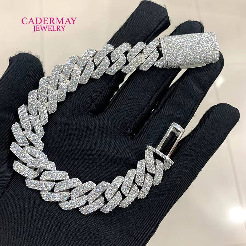 Cadermay Iced Out Hip Hop Cuban Bracelet 14mm 2rows VVS Moissanite 925 Silver 14k Gold Plated Square Cuban Chain With Long Clasp