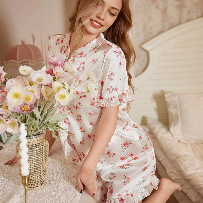 2025 New Women's Spring/Summer Silk Satin Country Style Floral Lace Short Sleeve Short Pants Pajama Set Homewear