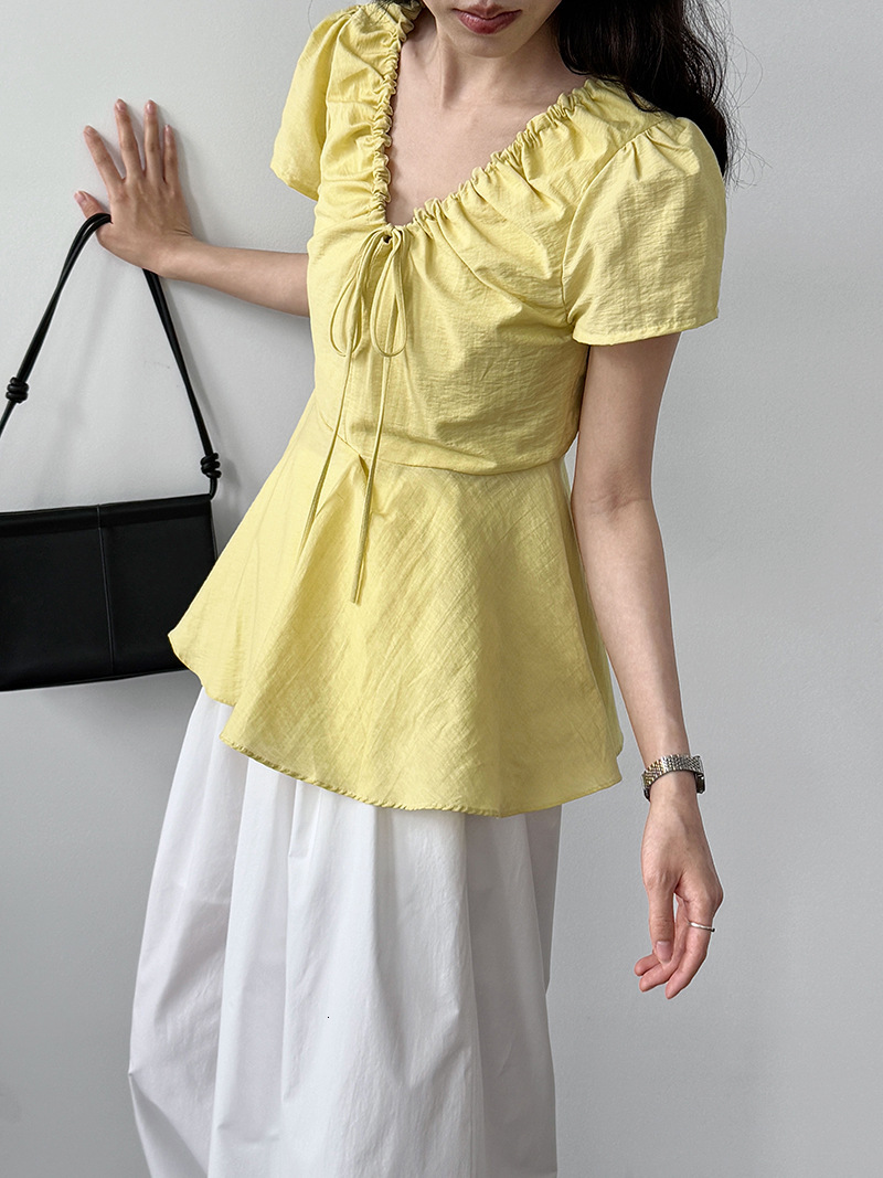 2025 French retro V-neck ruffled tie shirt short sleeved women's summer new waistband T-shirt top women's shirt new designer T-shirt