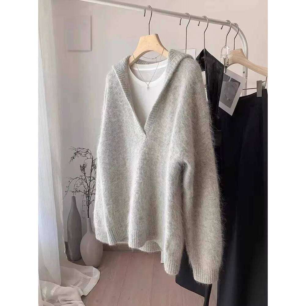 Advanced Gray Alpaca Wool Sweater Women's Autumn And Winter Big Collar V-Neck Fluffy Loose Casual Top 250728