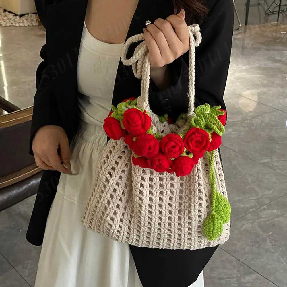 Rose Crochet Handbag 2025 Spring Cute Knitted Shoulder Bag Romantic Designer Floral Hollowed Out Ladies Shoulder Bag Armpit Bags Y250730