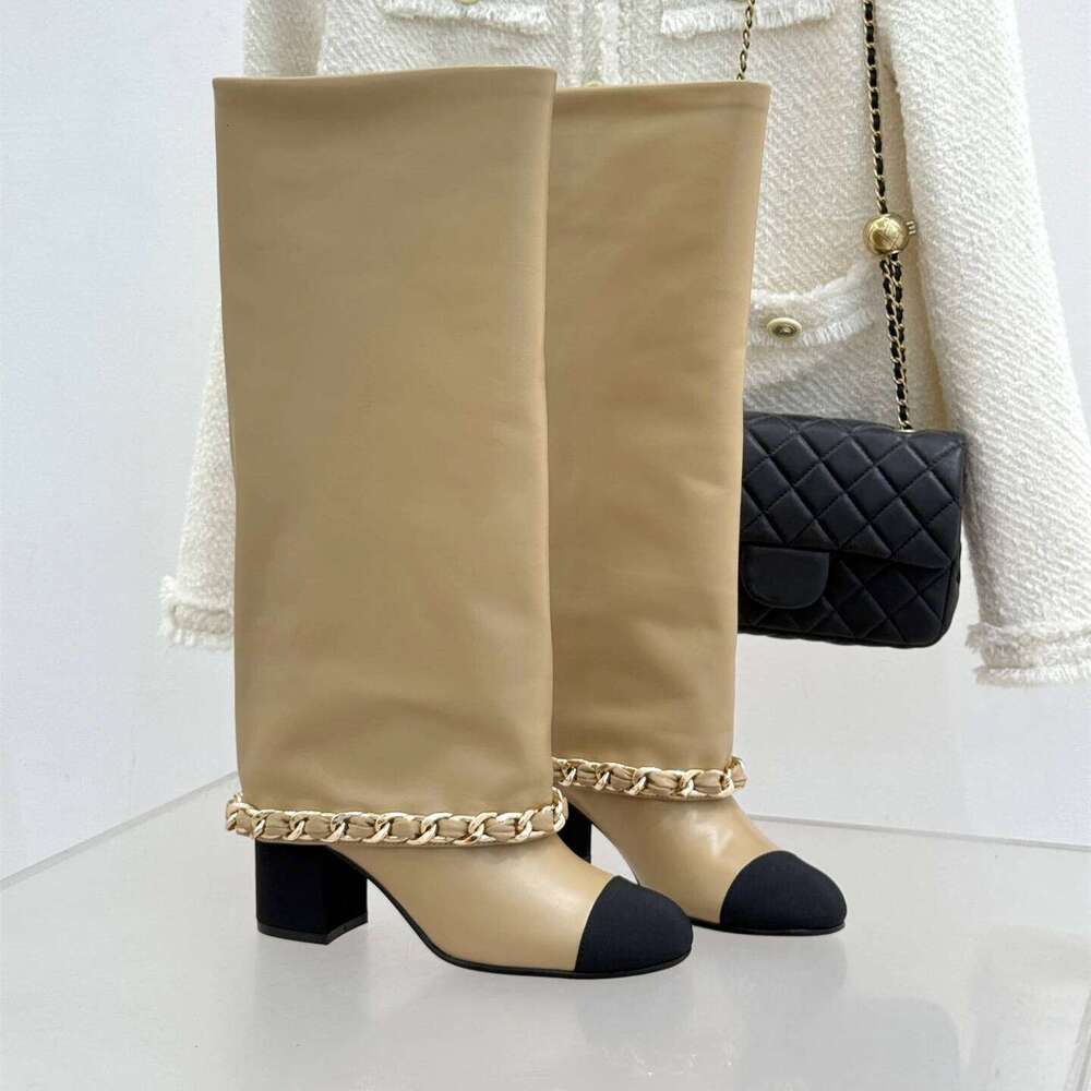 Women Size35-41 Genuine Leather High Heels Chain Knight Boots Round Toe Slip On Designer Shoes Zapatillas De Mujer e7b