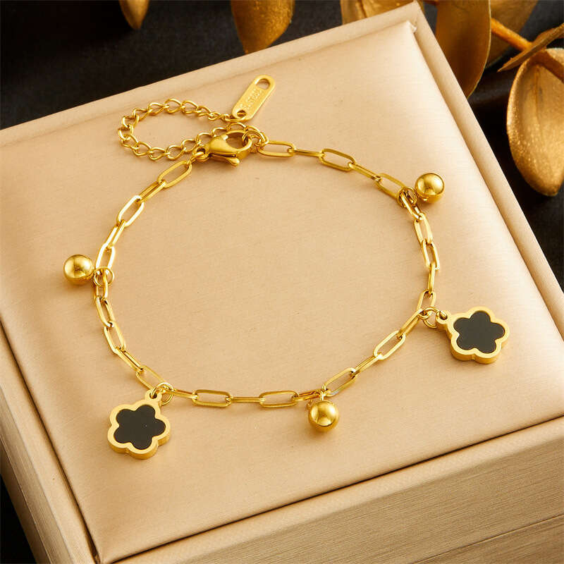 Fashion Simple Black and White Shell Flower Pendant Chain Stainless Steel Gold-Plated Bracelet