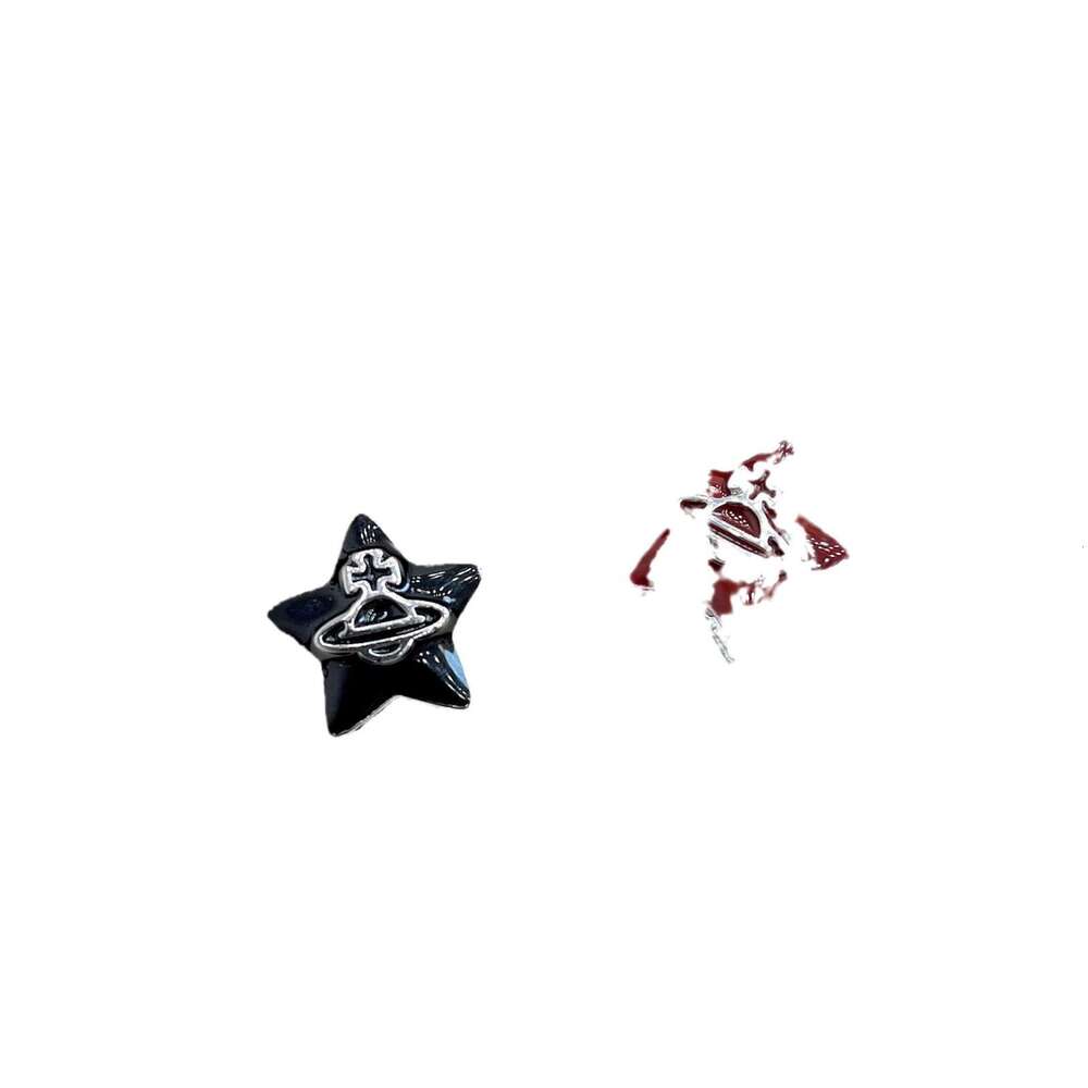 Super New French Enamel Black and Red Five-Pointed Star Double-Sided Saturn Earrings Elegant Fashion High-End Sense Ear Clips for Women a6f