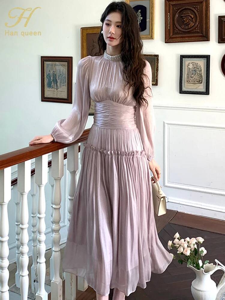 an Queen Spring Pleated Waist Cinched Long Bubble sleeve Dress A-line Casual Nail Bead Vintage French style Party Dresses ddmysept