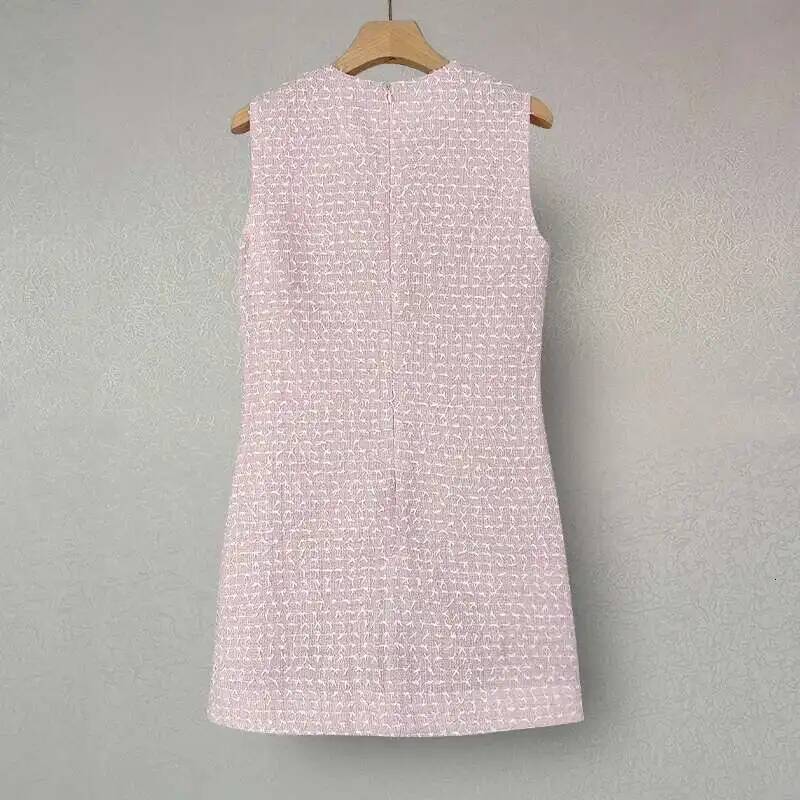Short Tweed Dress Women's Pink Tank Pearl Bow Pocket Prom Party Vestido Mini Robe Tassels Sweet Evening Dresses dongdumaoyi