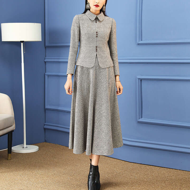 Blue Tweed Style Woolen Suit Autumn New Elegant and Dignified High-end Slimming Two-piece Set for Women