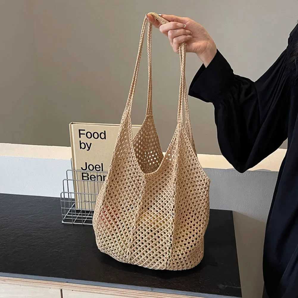 Fashion Womens Hollow Woven Shoulder Bags Large Capacity Knitting Underarm Bag Solid Crochet Tote Handbag Summer Mesh Beach Bag Y250730
