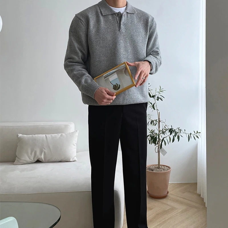 Autumn Winter Mens Knit Jumper Tops Casual Solid Color Button Lapel Sweaters Vintage Long Sleeve Sweater Polo Shirts 250731