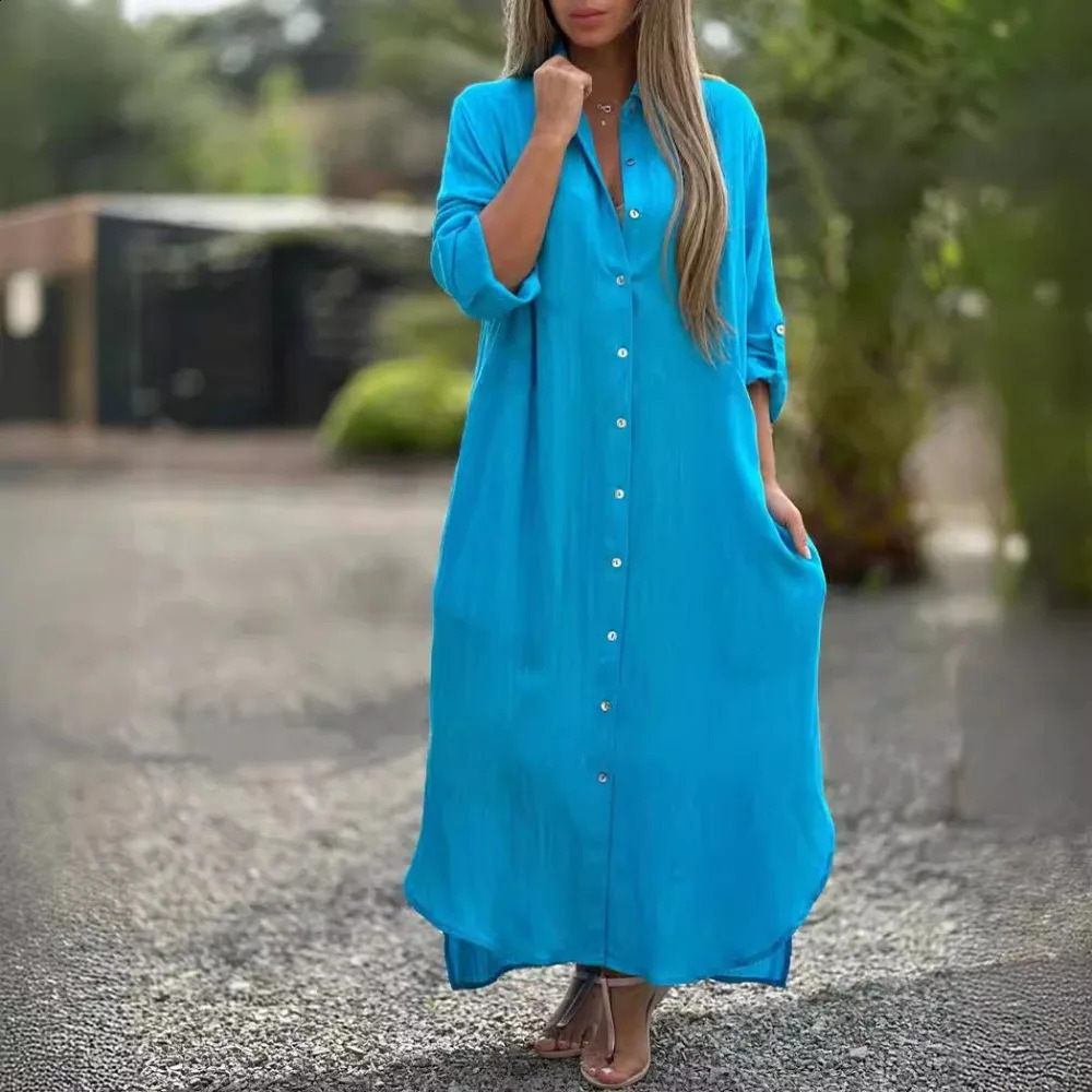 Womens Dress Cotton Linen Shirt Long Skirt Fashion Casual Long Sleeve Cardigan Dress 250725