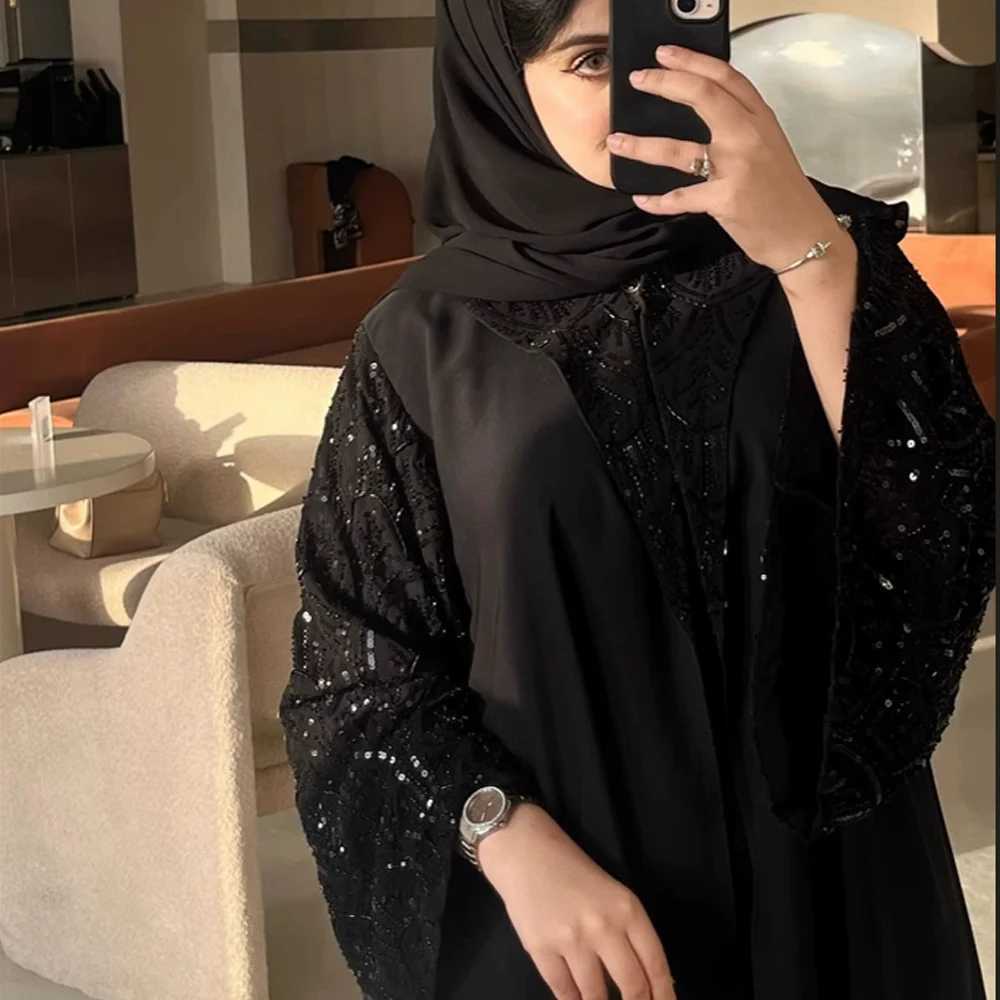 2025 Ramadan Black Open including headscarf Turban Abaya Dubai luxury Islamic clothing slim dress black beads Dubai Abaya womens W250401