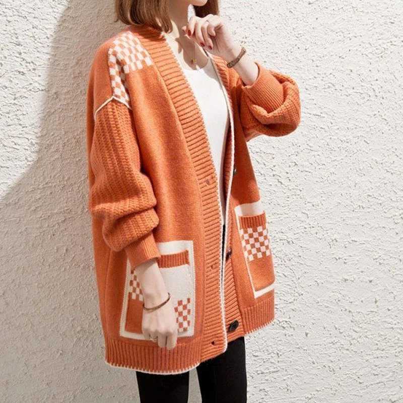 Autumn Winter Elegant Women Sweater Jackets Vneck Knitted Cardigan Long Sleeve Printed Casual Loose Coats Outwear ClothingT251101