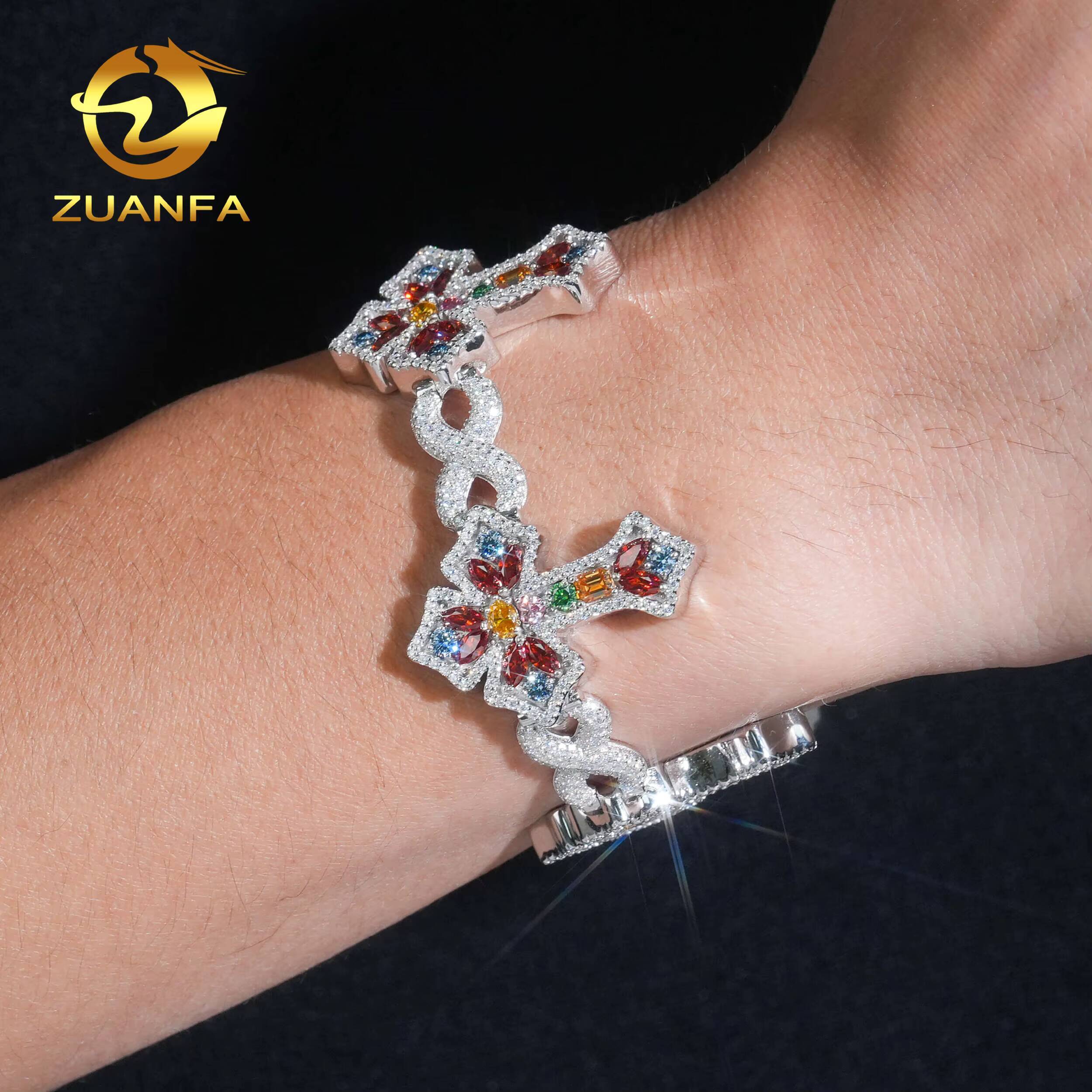 Hip Hop Jewelry 10mm Cross Moissanite Cuban Link Bracelet 925 Silver Multi Color Moissanite Diamond Bracelet Iced Out