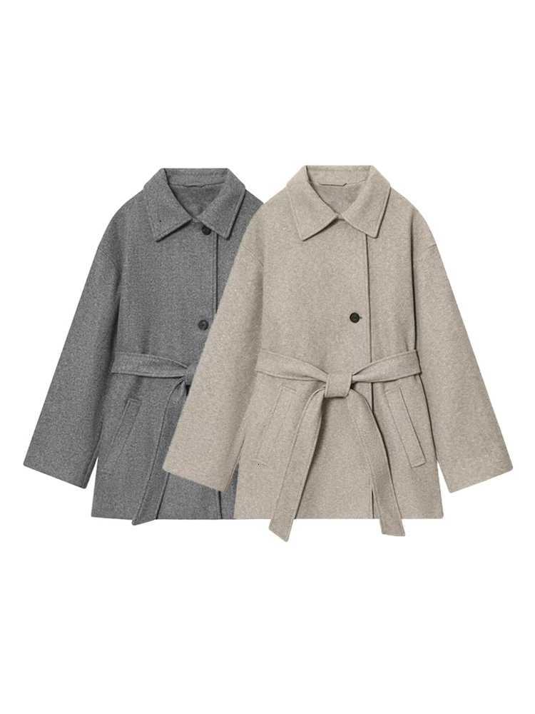 Womens Soft Woolen Coat with Belt DoublePosition Collar Long Sleeve Front Pockets Chic Female Outerwear TopT251101