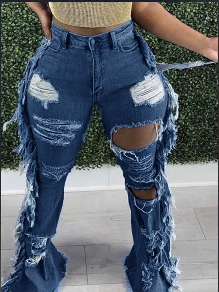 Blue Pocket Ripped Pants Womens Jeans Street Hiphop Sexy Trousers Fashion Autumn Bell Bottom Pants J251031