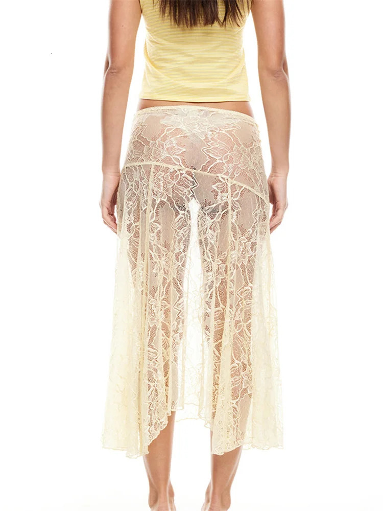 CHRONSTYLE Women Midi Skirts Lace Floral Irregular Hem Elastic Low Waist Skirts Summer Casual See Through Skirts Streetwear 250401