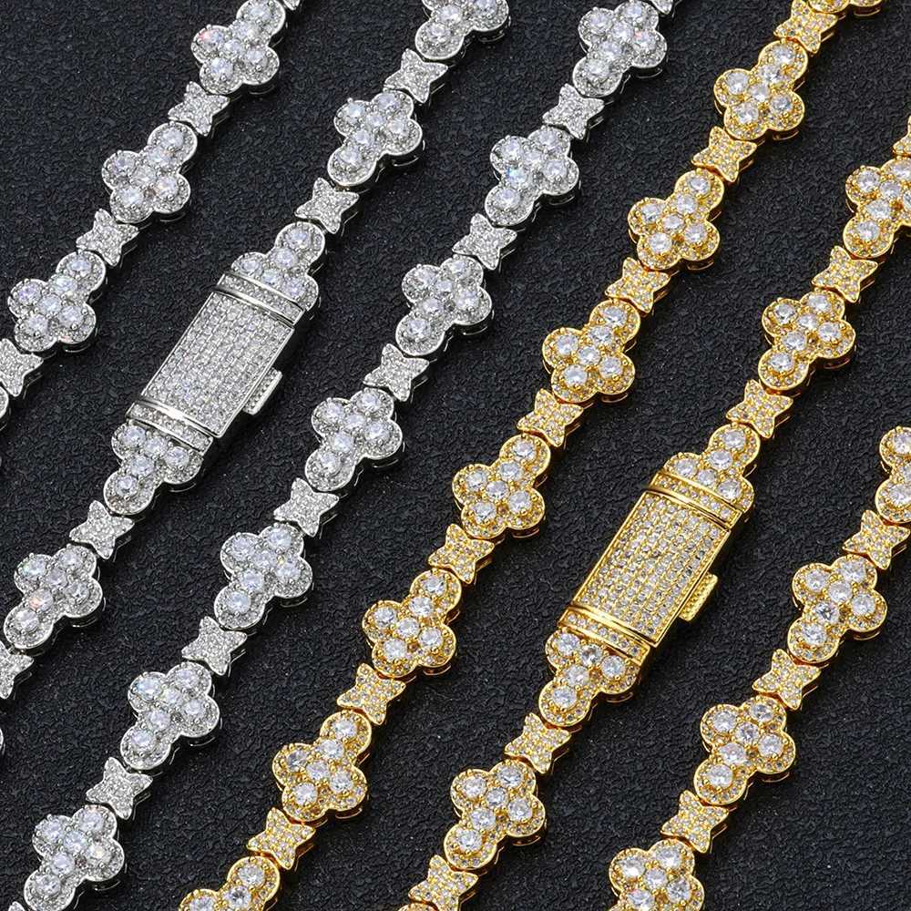 10mm Hip Hop Cross Flower Necklace Ice Zircon Tennis Chain Fashion Brand Personalized Single Row Necklace Couple Handmade Jewelry Y250329