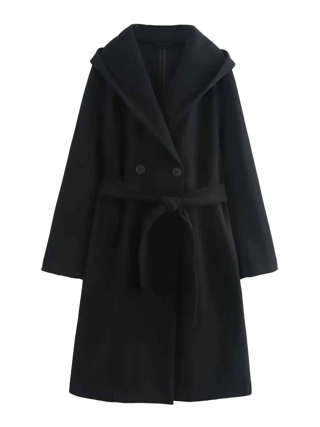 2024 Autumnwinter New Design Sense Loose Long Sleeve Lace Up Cinching Waist Solid Color Medium Long Hooded Woolen Coat 33W1T251101