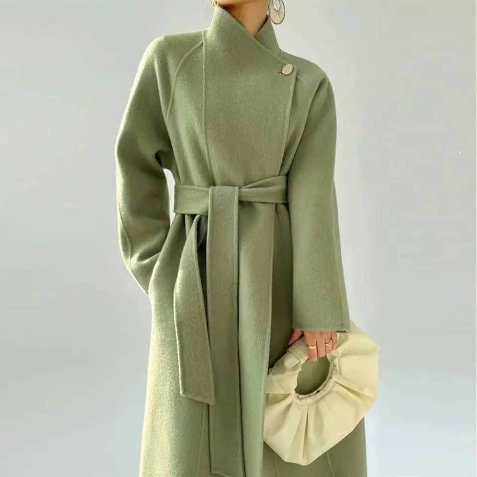Green Stand collar Woolen Coat Womens Autumn Winter 2025 New Slim Socialite Temperament Knee length Lace up Wool CoatsT251101