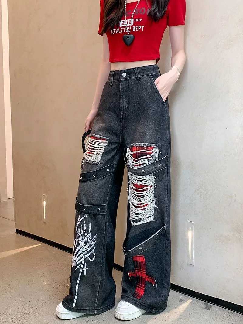 American Retro Heavy Industry Hollow Hole Jeans Women Street Design Loose Straight Wideleg Pants High Waist Slim Mopping Jeans J251031