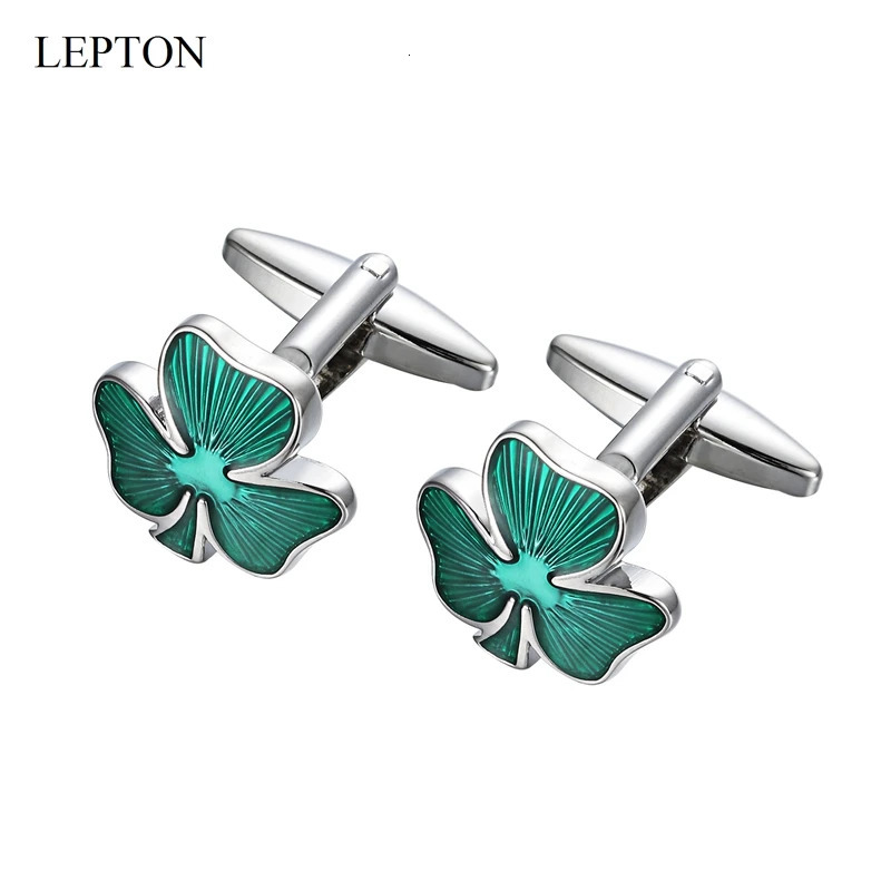 LEPTON Green Clover Cufflinks For Wedding Mens Fashion Irish Ireland Shamrock Cuff Links Dress Shirt Cufflink Business Gifts 250327