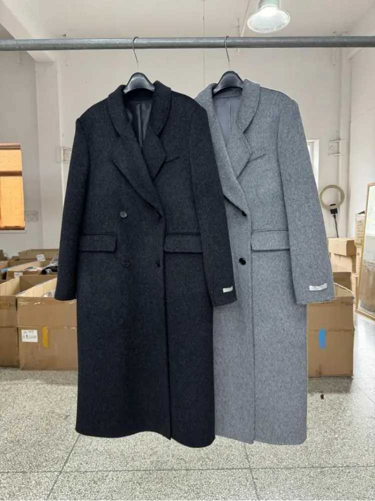 Shoulder Pad Office Lady Woolen Jackets 2024 Autumn And Winter DoubleBreasted Elegant Loose Long Womens 100 Wool CoatsT251101