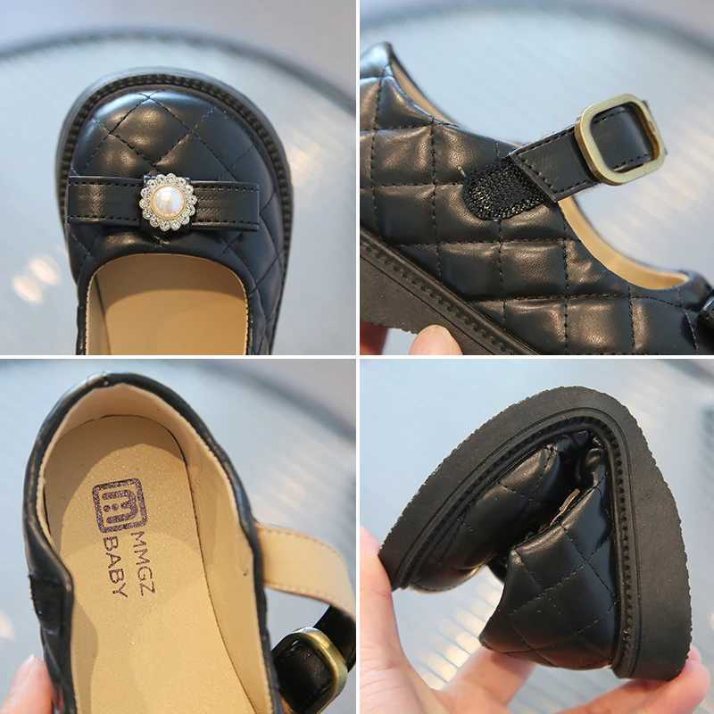 New Fashion Chic Shoes for Girls Mary Janes Rhombic Grid Leather Shoes Childrens Loafers Kids Flats Pearl Bowknot Student ShoesT251101
