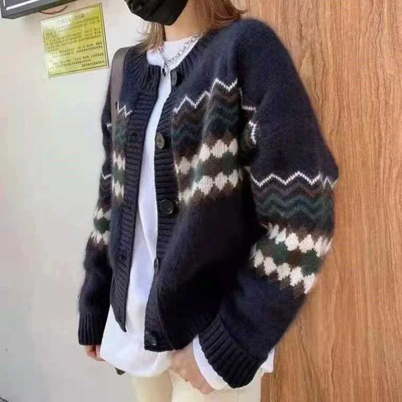 Crew Neck Printed Cardigan Sweater Women Autumn Winter New Knitted Long Sleeve Casual Coat Elegant Fall Korean Style KnitwearT251101