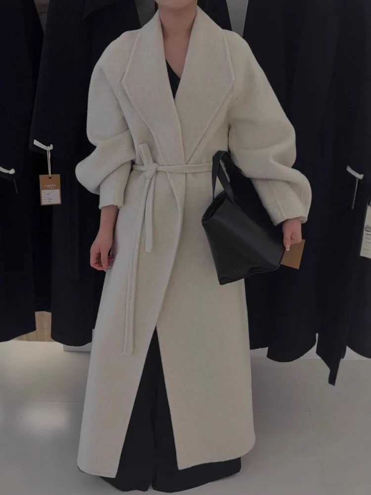 ZMEENNA Long Wool Blend Coat For Women With Oversized Lapels And Tie Belt Stylish And Elegant Winter Outerwear ZM4032T251101