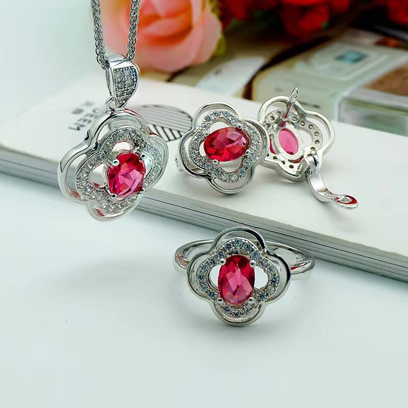 Pendant Necklace Earrings Ring 925 Silver Wholesale Luxury Wedding Jewelry Sets CZ Cubic Zircon Ruby Jewelry Set