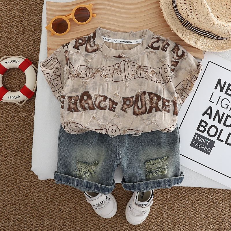 boys designer clothes 2025 Summer Boys Outfit Set Distressed T-shirt & Shorts 2 Piece Set Fashion Breathable Toddler Clothes