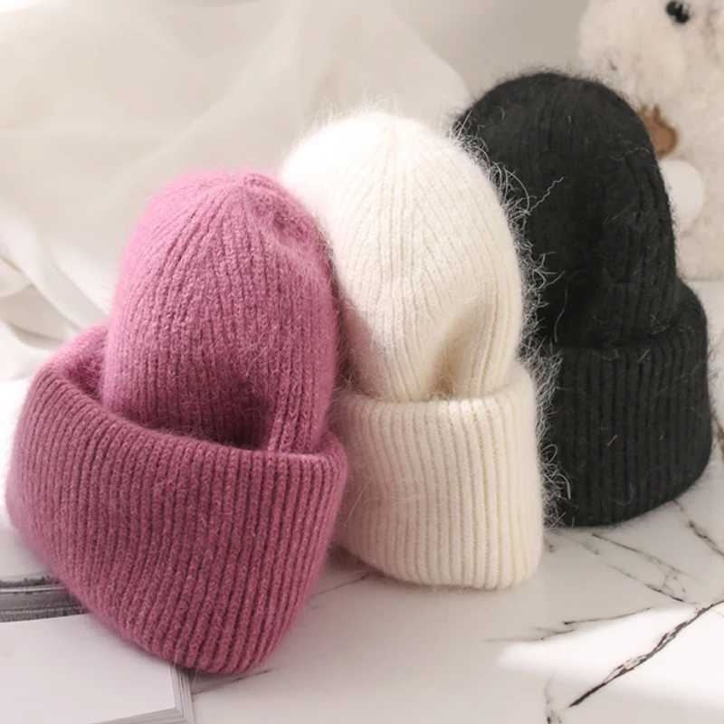 Winter Angola Rabbit Fur Knitted Beanies For Women Fashion Solid Warm Cashmere Wool Skullies Cap Female Three Fold Thick HatsXJ251101