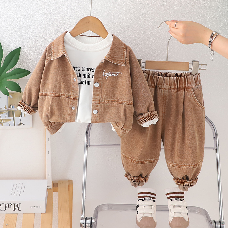 2025 Boys Denim Jacket Set 3-Piece Outfit with Letter Print Trendy Spring Fall Clothes for Kids