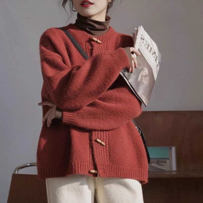 Retro Horn Button Sweater Cardigans Women Korean Round Neck Long Sleeve Knit Cardigan Woman 2025 Solid Color Warm Jumpers FemaleT251101
