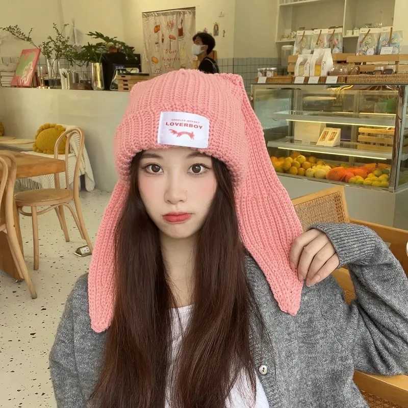 Rabbit Ears Knitted Woolen Hat Winter Thick and Warm Lambhair Ski Mask Beanie Hat for Women Balaclava Mask Beanies for WomenXJ251101