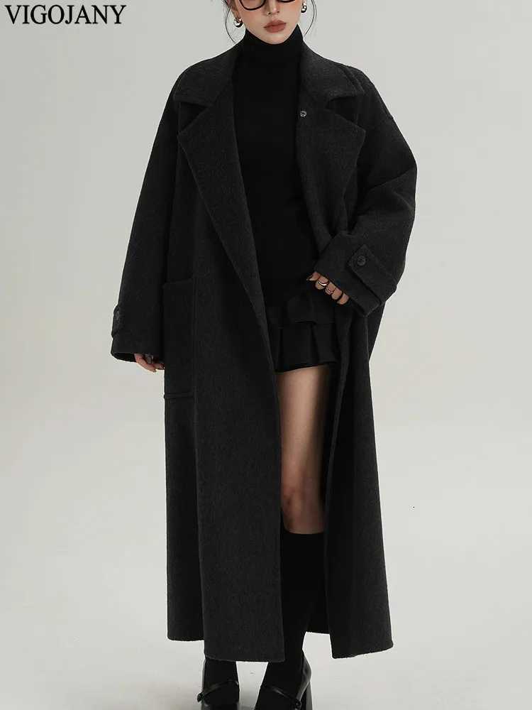 2025 Women Elegant Nature 100 Wool Long Coat Winter Gray Long Sleeve Cashmere Jacket Autumn Lady Casual Button Woolen CoatT251101