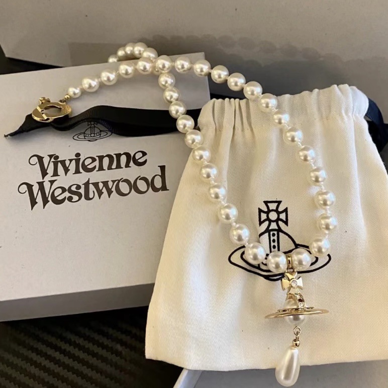 Designer Viviennen West Wood Empress Dowager Xis New 3d Saturn Water Drop Pearl Necklace for Womens Light Luxury Temperament Clavicle Pearl Necklace Straight