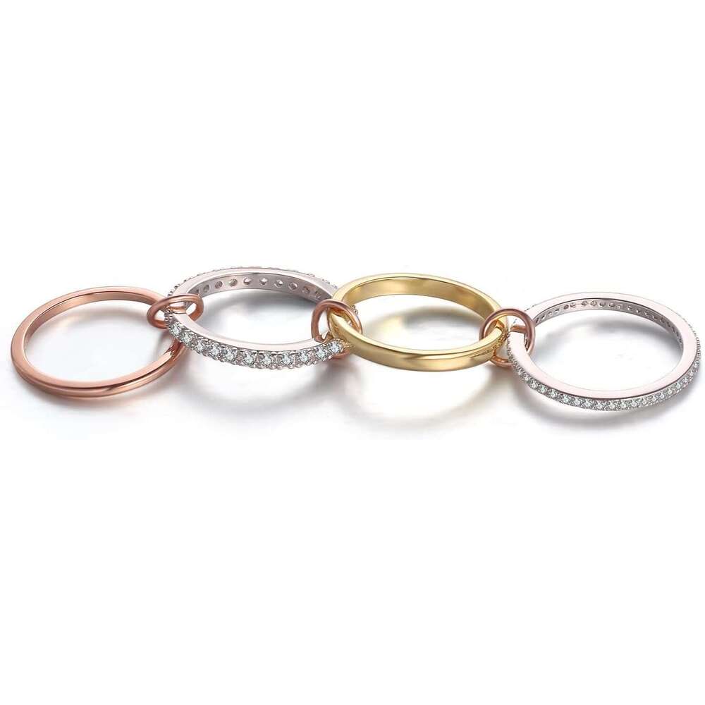 Plated Stackable for Women 4-Piece Non Tarnish Rings with CZ Cubic Zirconia Sterg Sier & Rose Gold Elegant and Versatile Jewelry Gift