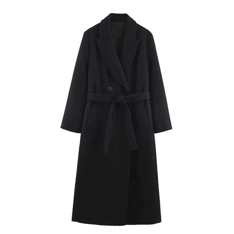 Womens wool coat autumn and winter blended long coat with belt simple and fashionable womens clothingT251101