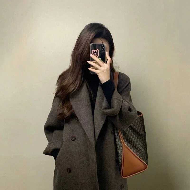 Grey Doublesided Cashmere Coat Womens 2025 Winter New Korean version Loose Thick Down Woolen Coats Solid Casual Long OvercoatT251101