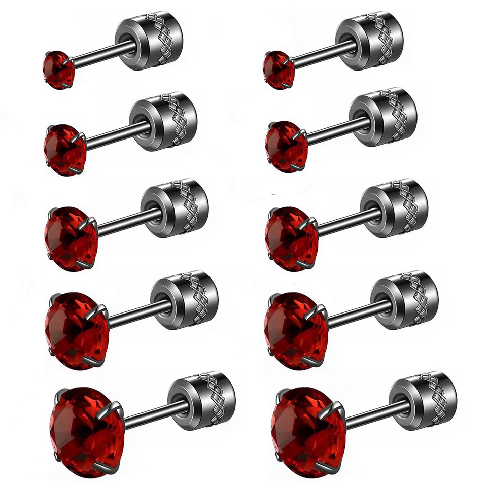 1pair Medical Stainless steel Red Crystal Zircon Diamond Ear Studs Earrings Tragus Cartilage Hypoallergenic Screws Piercing Jewelry for men women